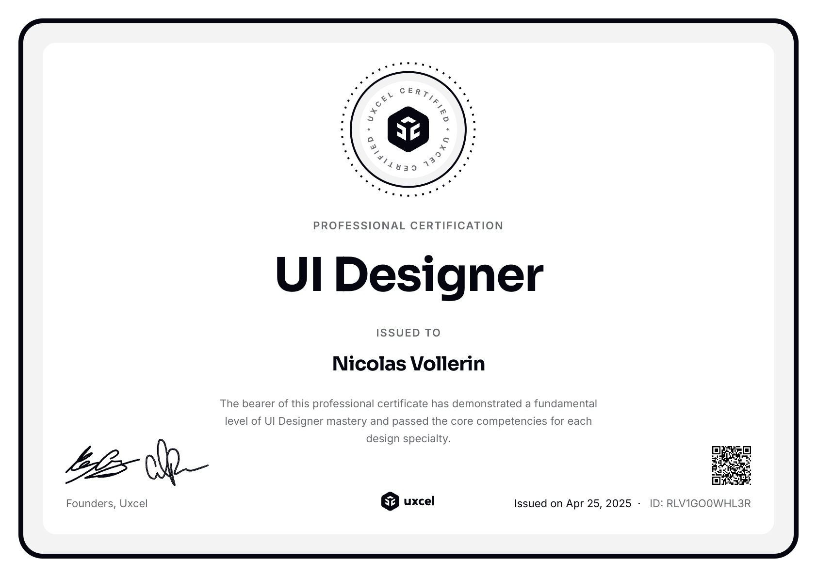 Nicolas Vollerin's certificate